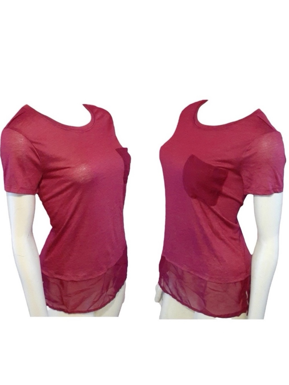 Hollister Mixed Media Sheer Trim Pocket Front Short Sleeve Top Shirt Red Casual